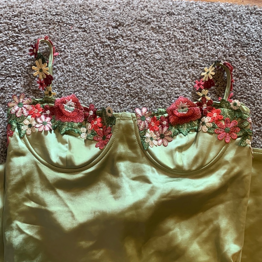 Lime green floral satin dress